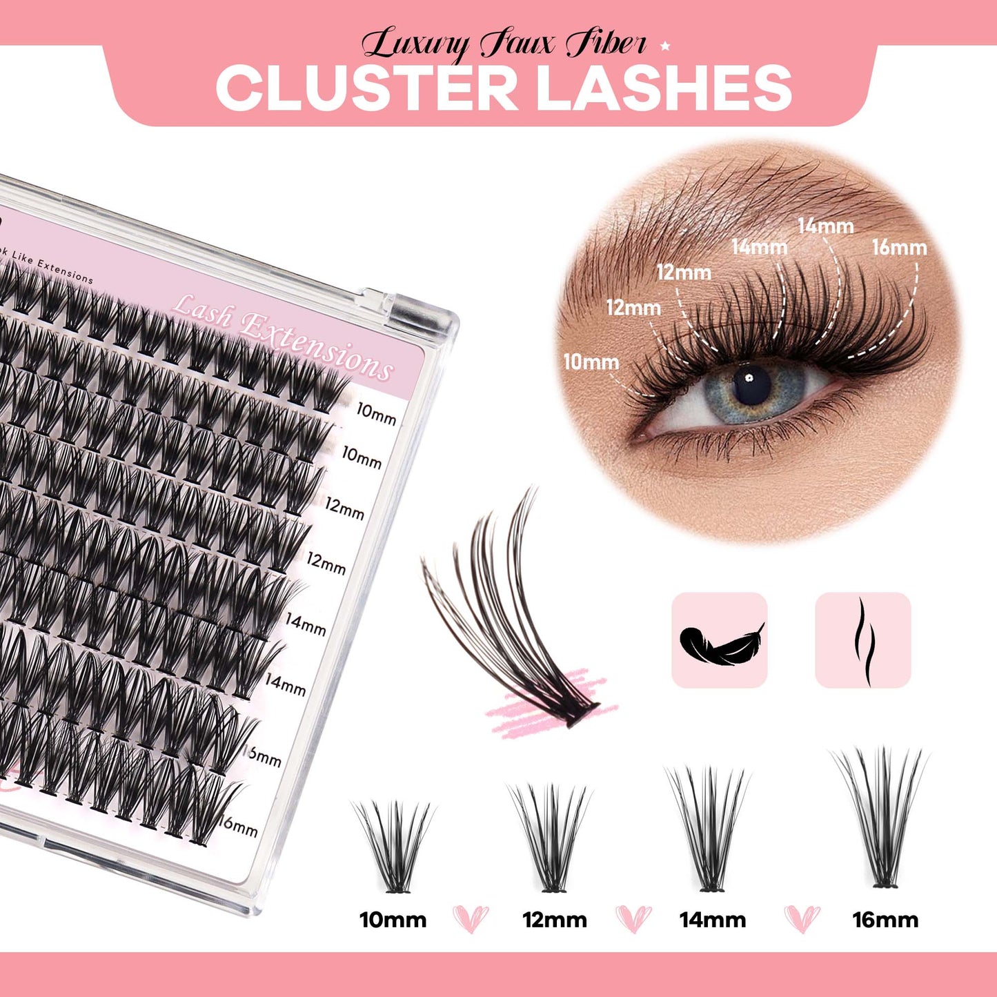 Lash Clusters 10-16mm Faux Mink Lashes Flat Band Reusable (40D)