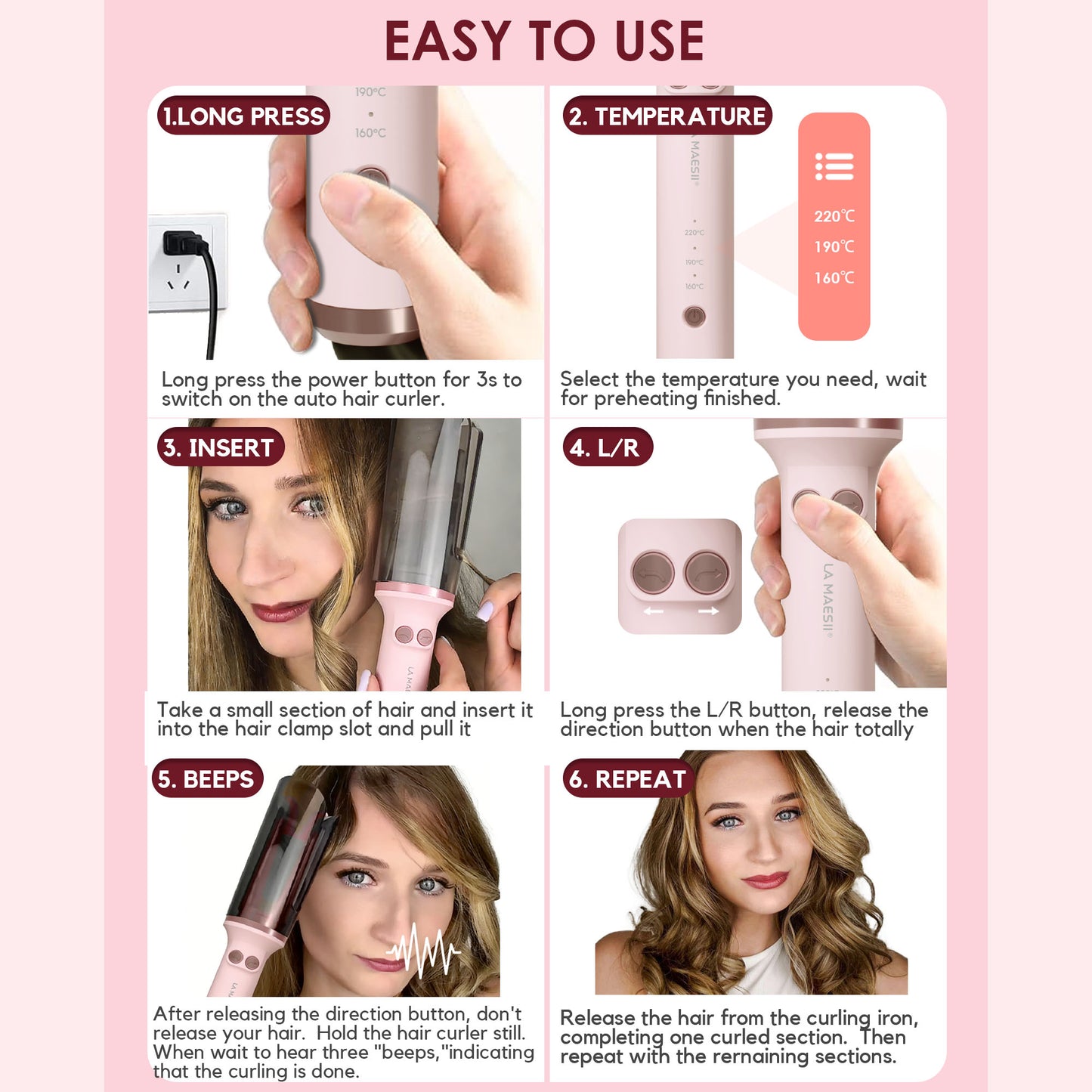 Automatic Rotating Curling Iron, 1 inch Hair Curler (Pink)