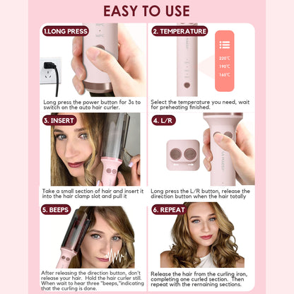 Automatic Rotating Curling Iron, 1 inch Hair Curler (Pink)