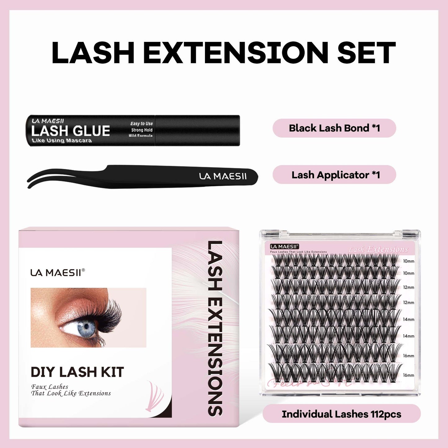 Lash Extension Kit 10-16mm Lashes with Lash Glue and Lash Applicator (30D-Kit)