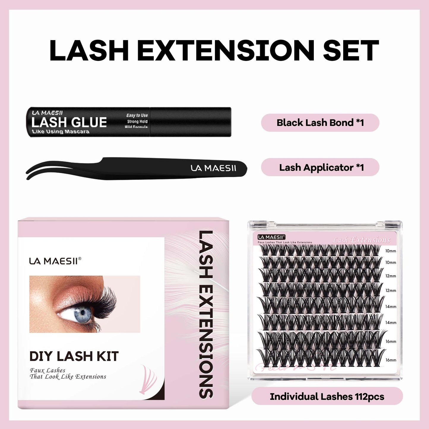 Lash Extension Kit 10-16mm Lashes with Lash Glue and Lash Applicator (50D-Kit)