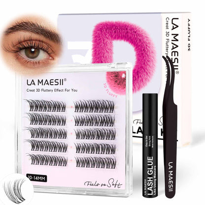 Lash Clusters Kit 10-14mm Lashes with Lash Glue & Applicator Soft Wide Band (46-Kit)