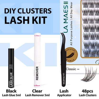 Lash Clusters Kit, with 48 Clusters Lash Glue Remover Applicator (Wispy-C-Kit)