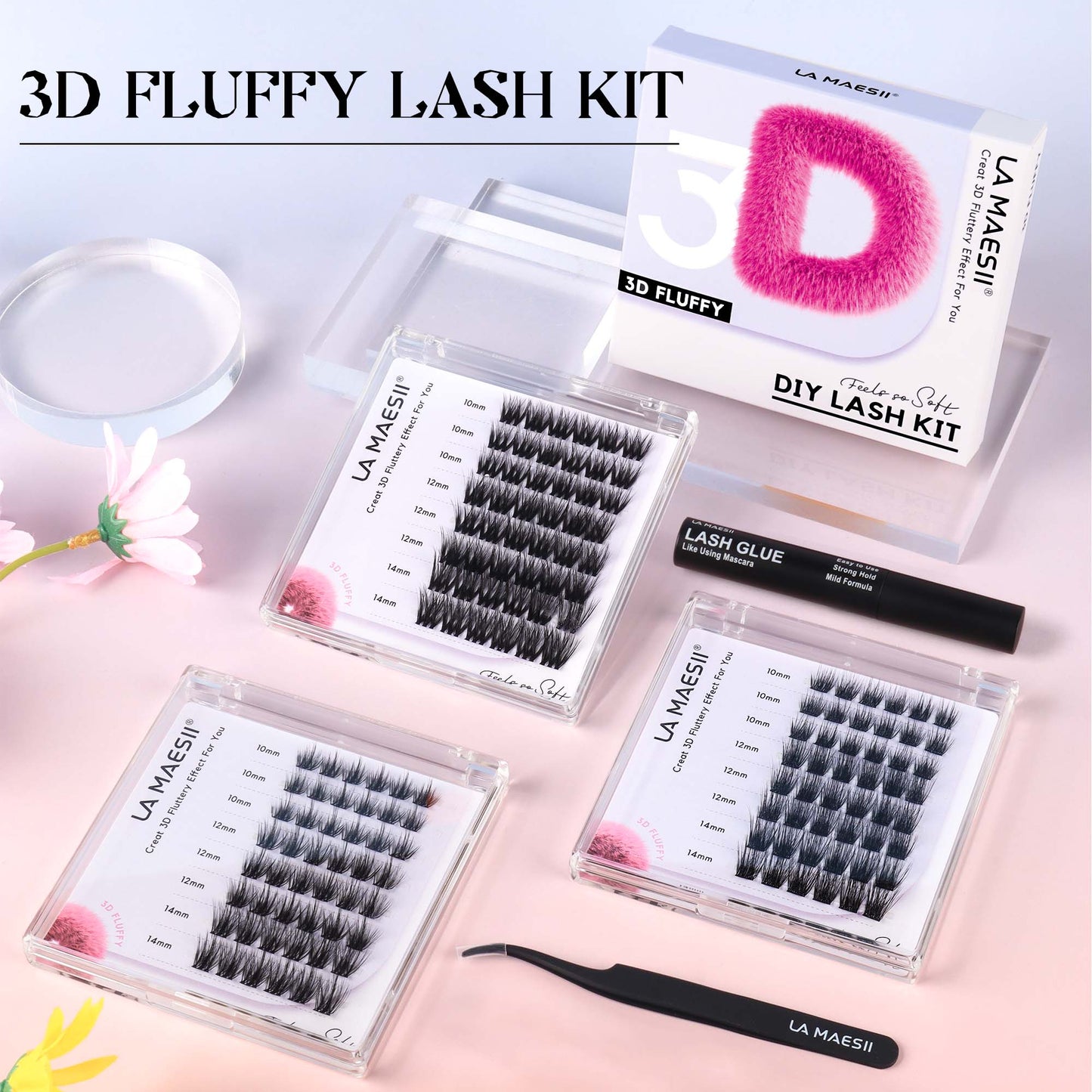 Lash Clusters Kit 10-14mm Lashes with Lash Glue & Applicator Soft Wide Band (46-Kit)